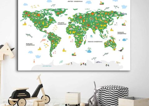 Vaikiškas žemelapis ant sienos baltas žalias, vaikiški žemėlapiai,vaikiškas pasaulio žemėlapis vaikams.