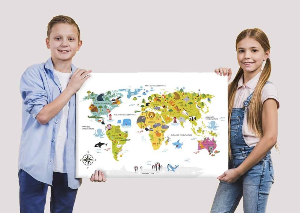 Vaikiškas pasaulio žemįlapis, lietuviški pasaulio žemėlapiai, vaikiškas zemėlapis